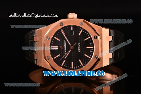 Audemars Piguet Royal Oak 41MM Clone AP Calibre 3120 Automatic Rose Gold Case with Black Dial and Stick Markers - Black Leather Strap (EF) - Click Image to Close